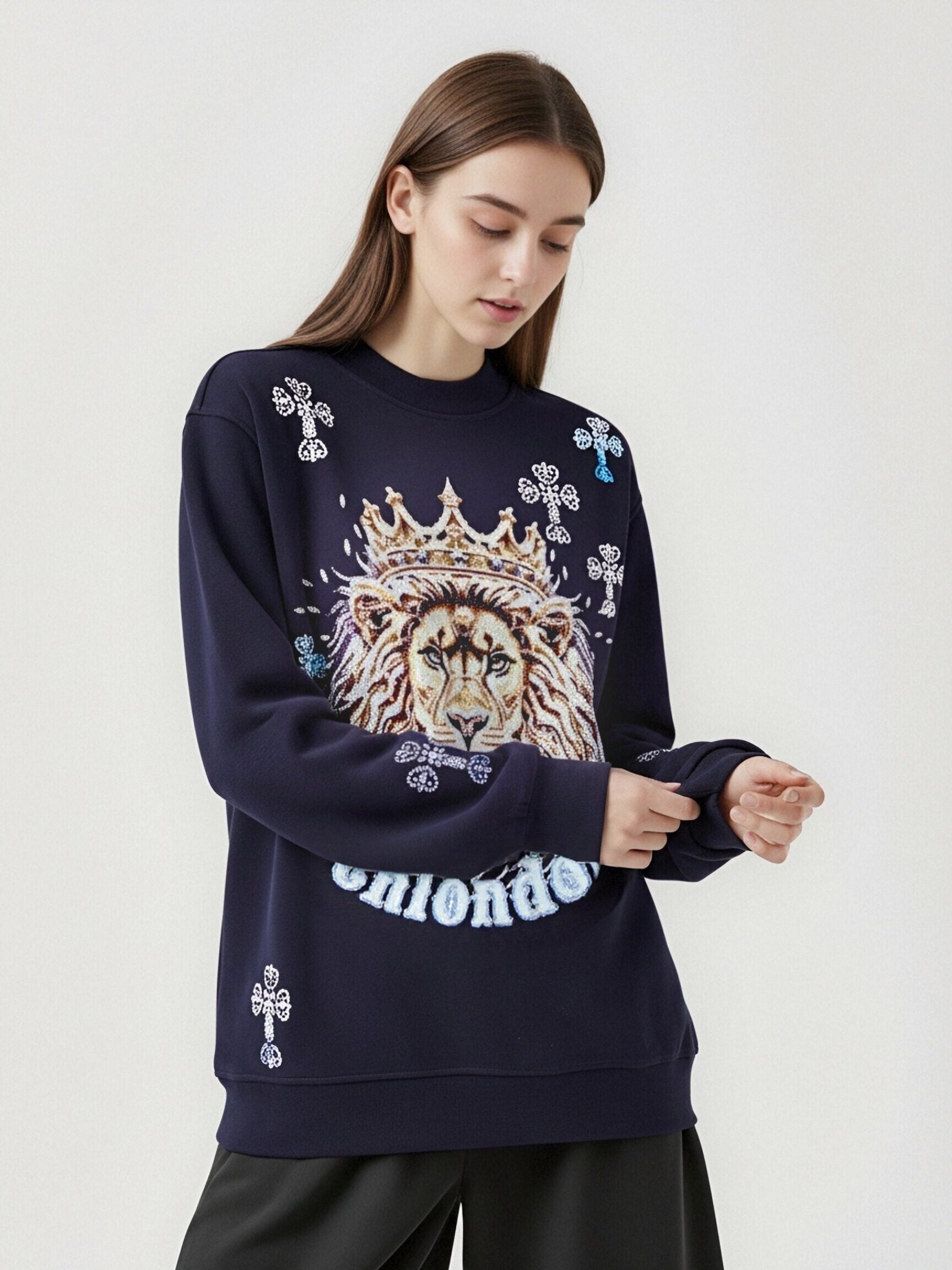 tch 2026 oversized lion rhinestone graphic sweatshirt navy HighEnd Luxury Streetwear Brand Official Showcase