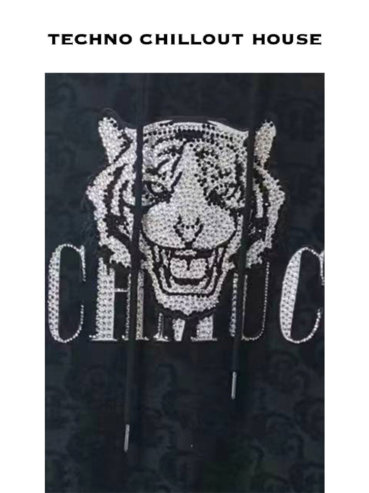 TCH Jacquard Tiger Rhinestone Black Hoodie