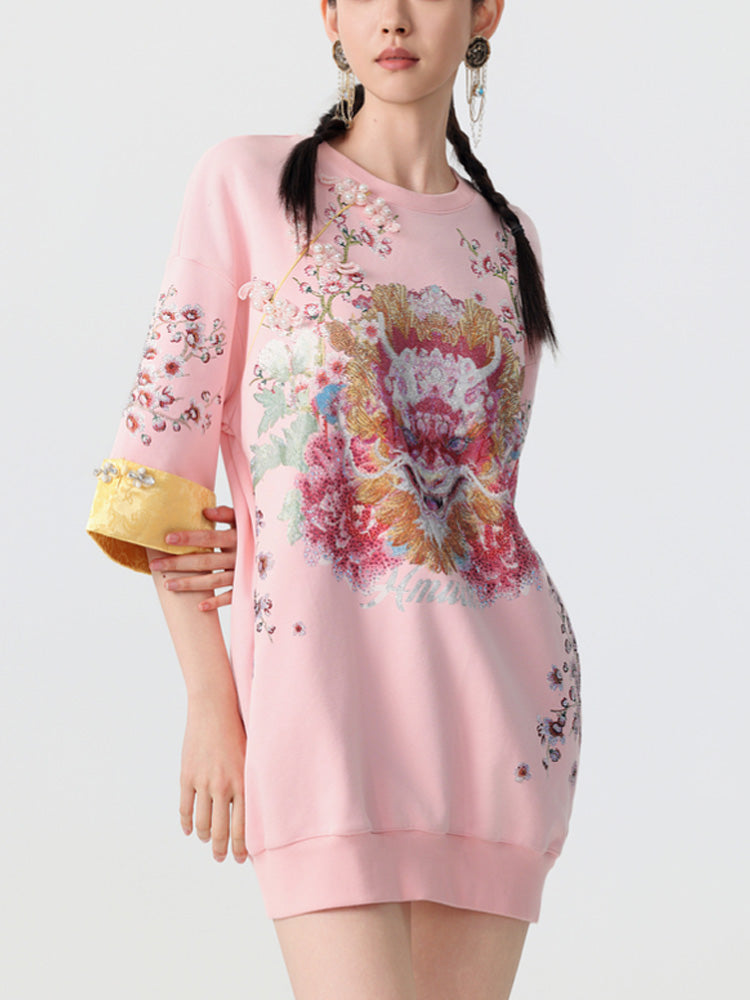 TCH Rhinestone Graphic Print Satin Luxury Mini Dress