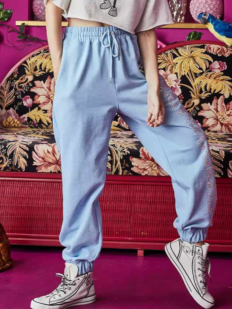 TCH Letter Rhinestone Elastic Waist Joggers