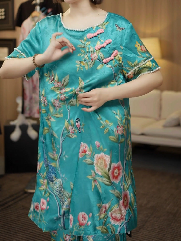 TCH Floral Pearl-Embellished Satin Vintage Dress