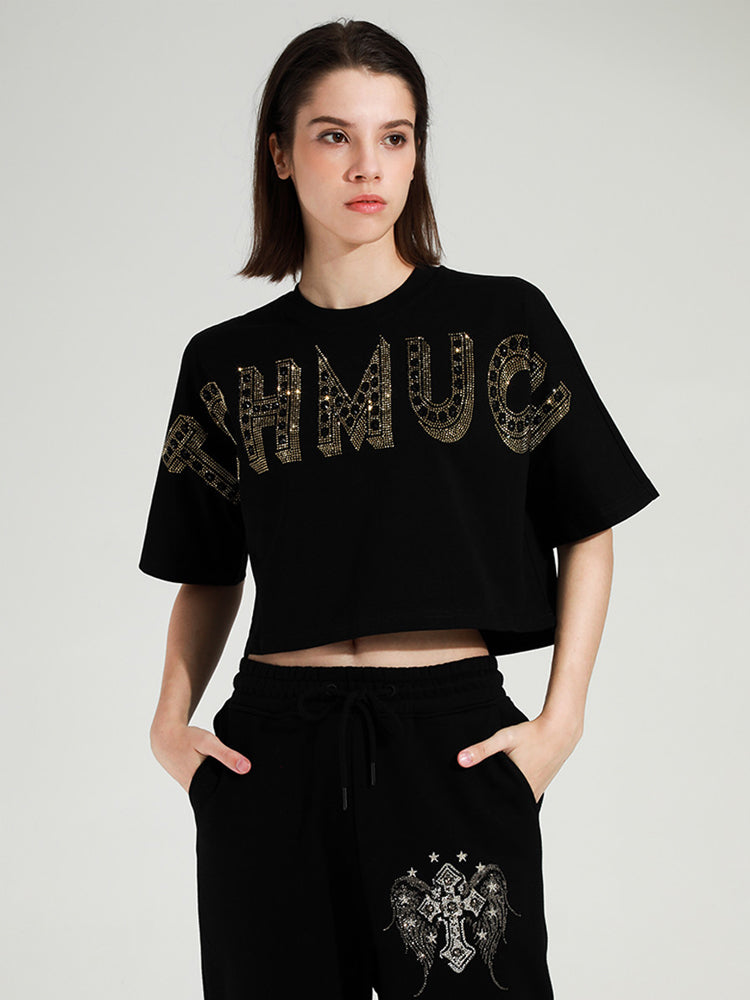 TCH Letter Print Rhinestone Cropped Top in Black