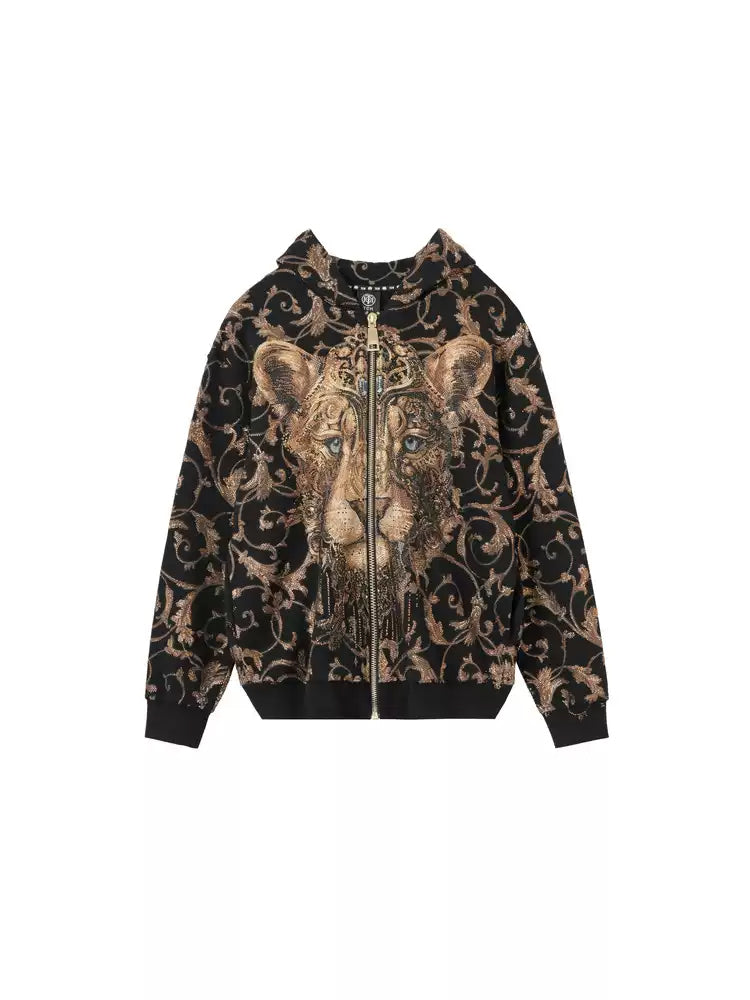 TCH Allover Leopard Print Rhinestone Zip Up Hoodie Set 2 Piece Suit