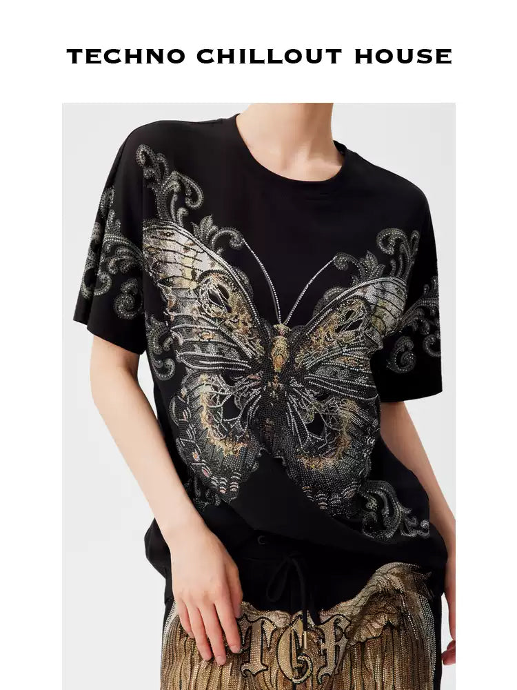 TCH Vintage Rhinestone Butterfly Shiny T-Shirt