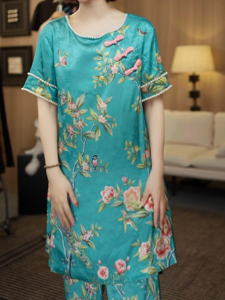 TCH Floral Pearl-Embellished Satin Vintage Dress