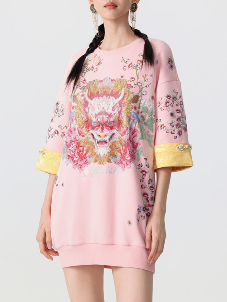 TCH Rhinestone Graphic Print Satin Luxury Mini Dress