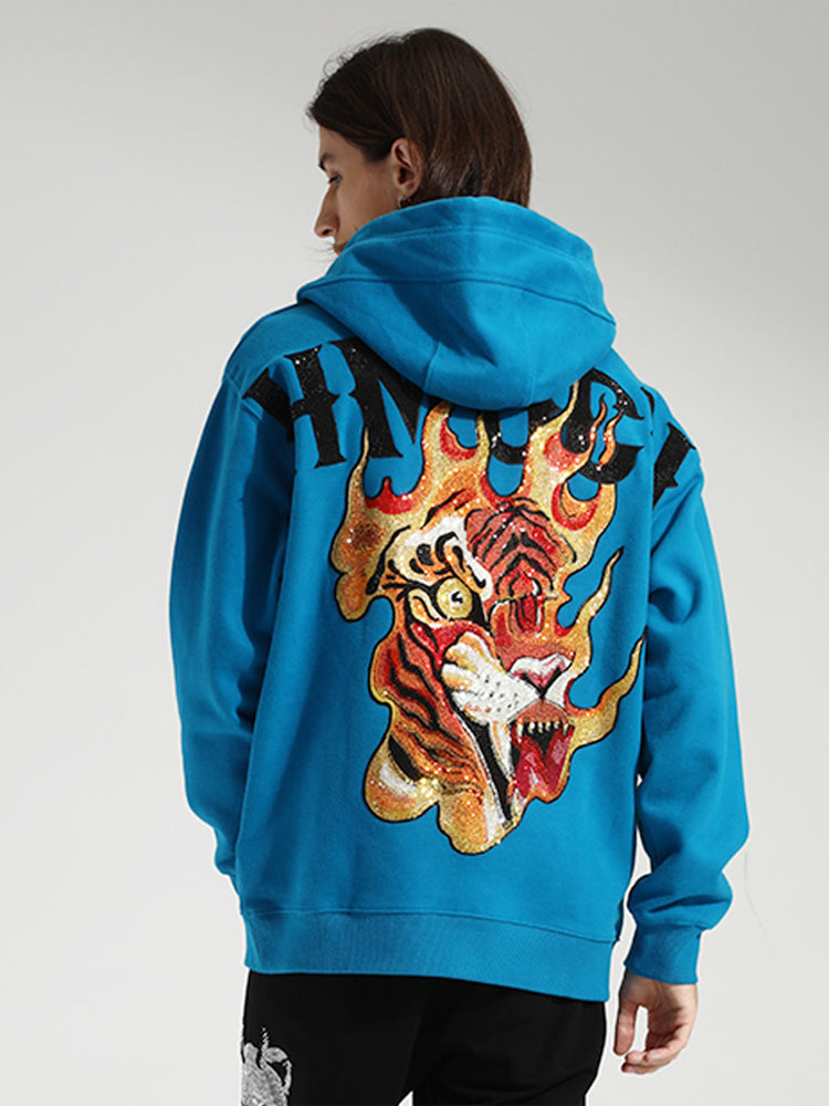 TCH Unisex Fire Letter Rhinestone Graphic Hoodie in Blue