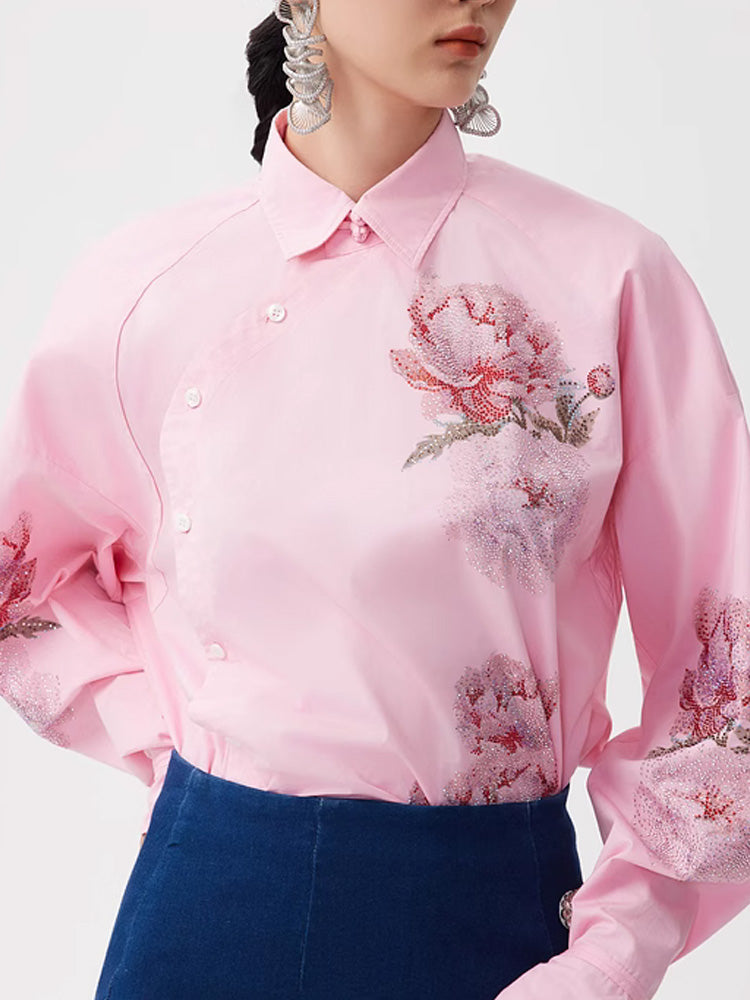 TCH Flower Rhinestone Button Down Asymmetry Shirt