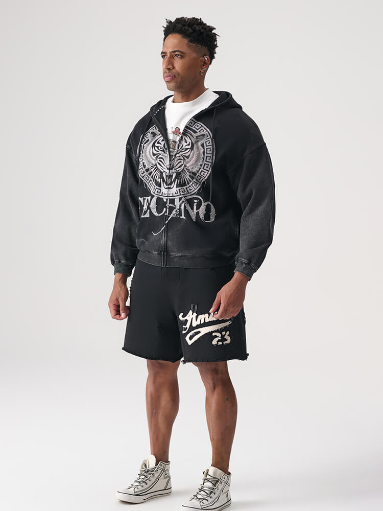 TCH Distressed Tiger Rhinestone Hoodie Jacket