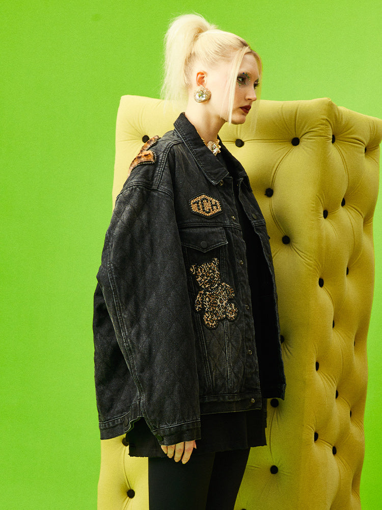 TCH Graphic Rhinestone Oversized Denim Jacket