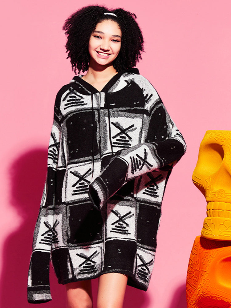 TCH Rhinestone Plaid Long Sleeve Oversized Hoodie Dress