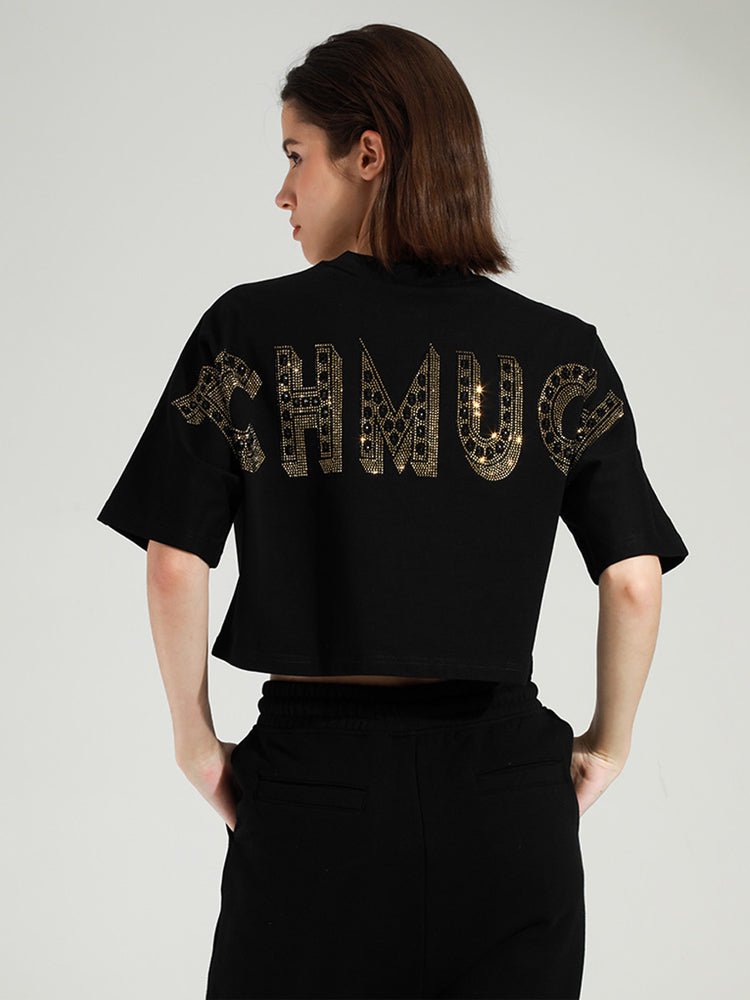 TCH Letter Print Rhinestone Cropped Top in Black