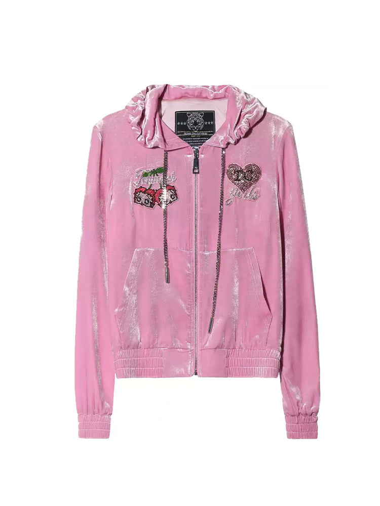 TCH Rhinestone Graphic Velour Hoodie Jacket