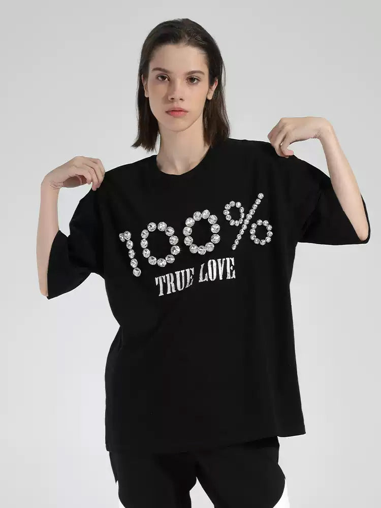 TCH 100% Letter Print Rhinestone Bling T-shirt