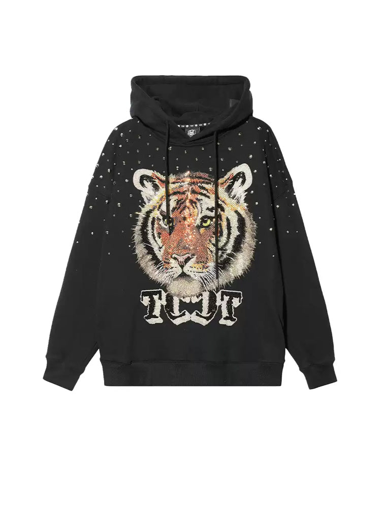 TCH Crystal-Embellished Tiger Print Oversized Black Hoodie