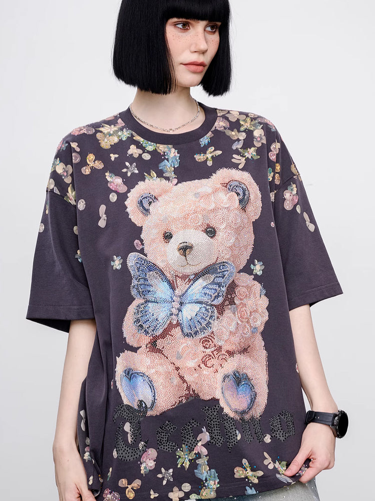 TCH Rhinestone Teddy Bear Flower Oversized T-Shirt