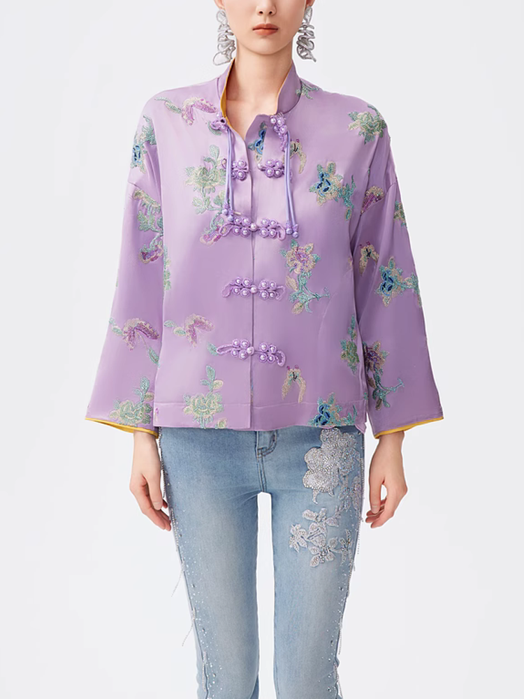 TCH Embroidery Rhinestone Vintage Satin Top