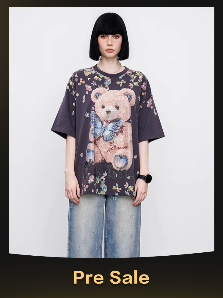 TCH Rhinestone Teddy Bear Flower Oversized T-Shirt