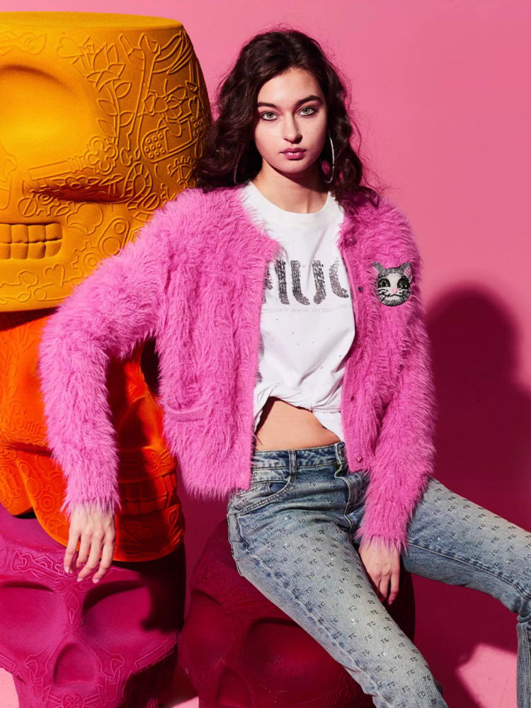 TCH Graphic Rhinestone Brushed Wool Knit Cardigan