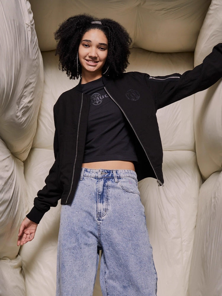 TCH Rhinestone Letter Zip Up Bomber Jacket