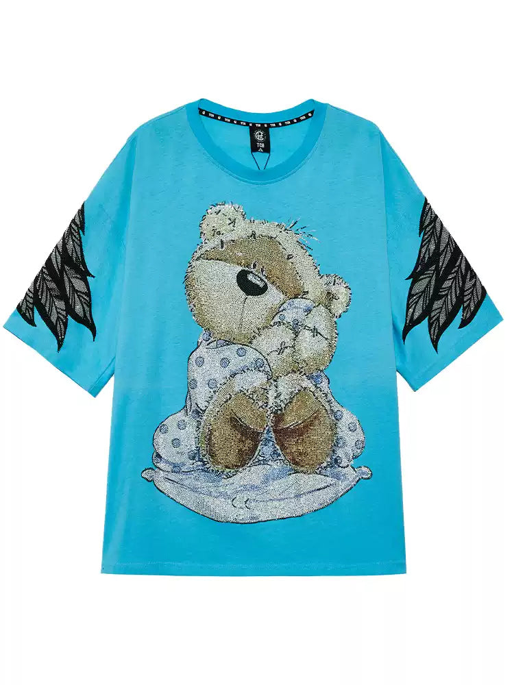 TCH Oversized Bear Rhinestone Wings Sleeve T-shirt
