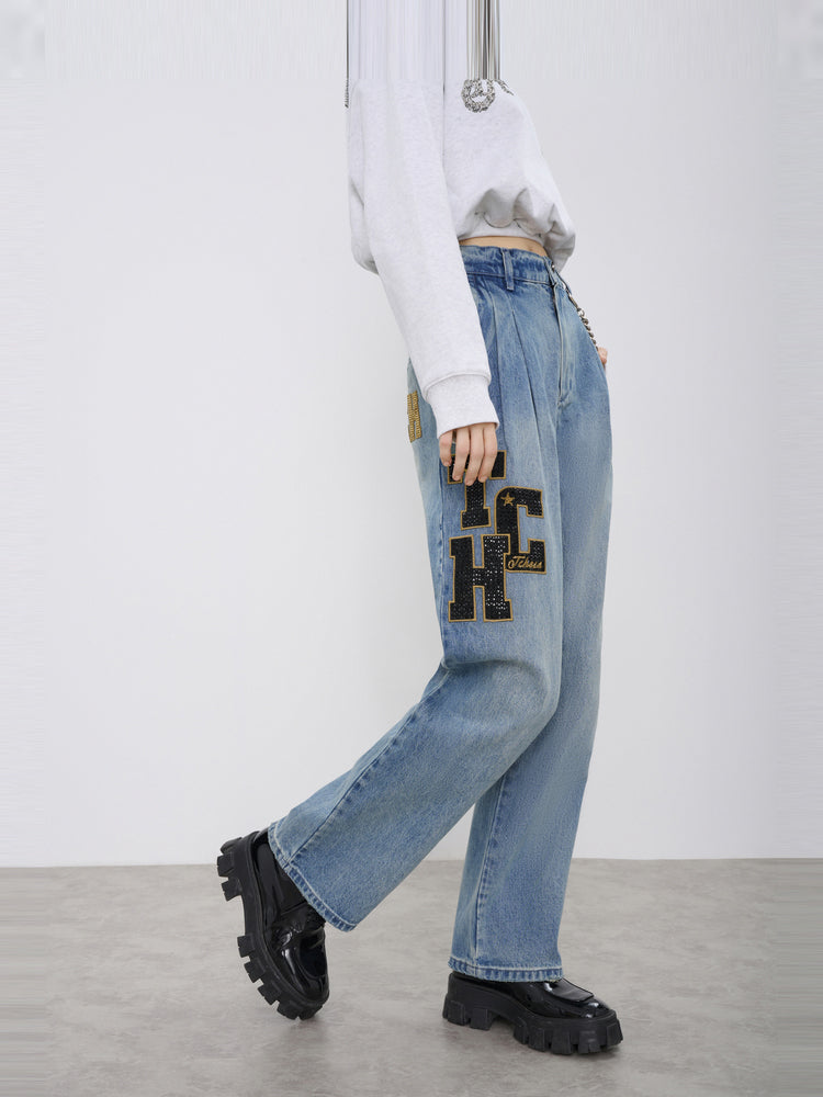 TCH High Waist Rhinestone Letter Denim Jean