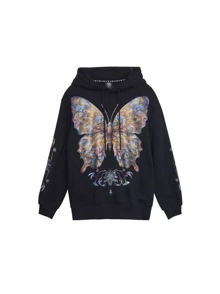 TCH Colorful Rhinestone Butterfly Oversized Black Hoodie
