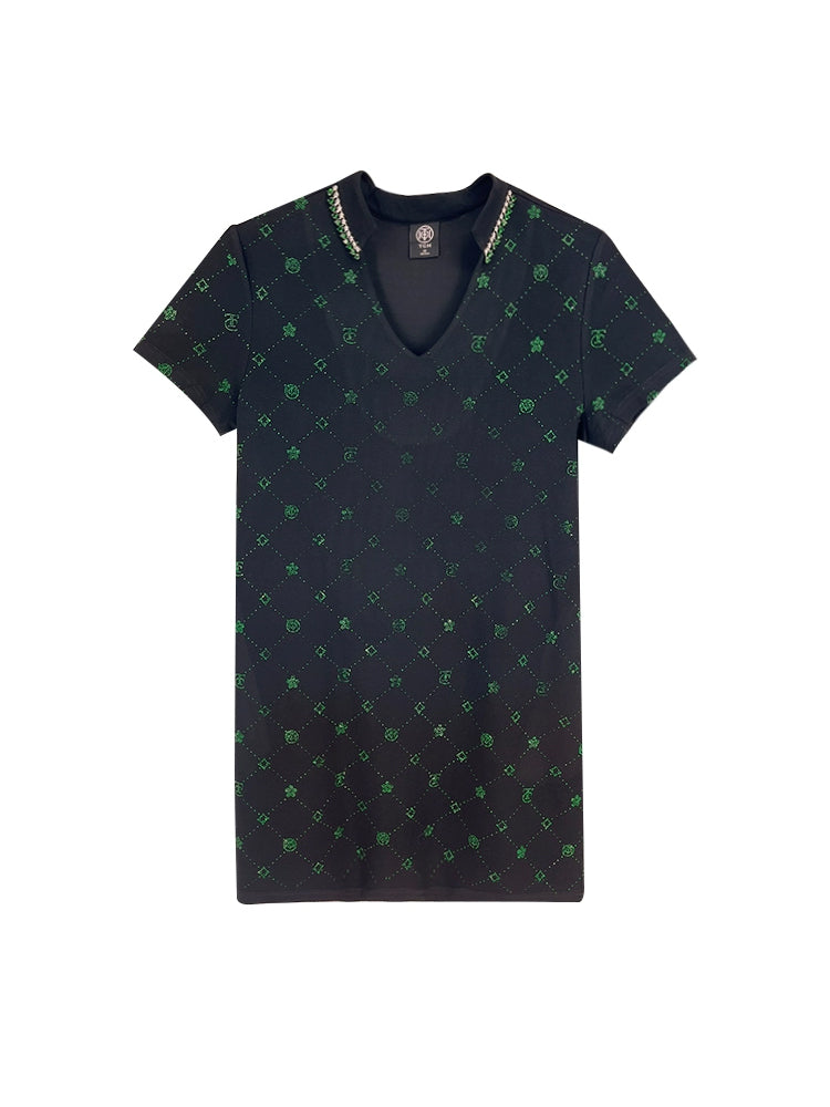 TCH Logo Print Rhinestone Casual Polo Mini Dress