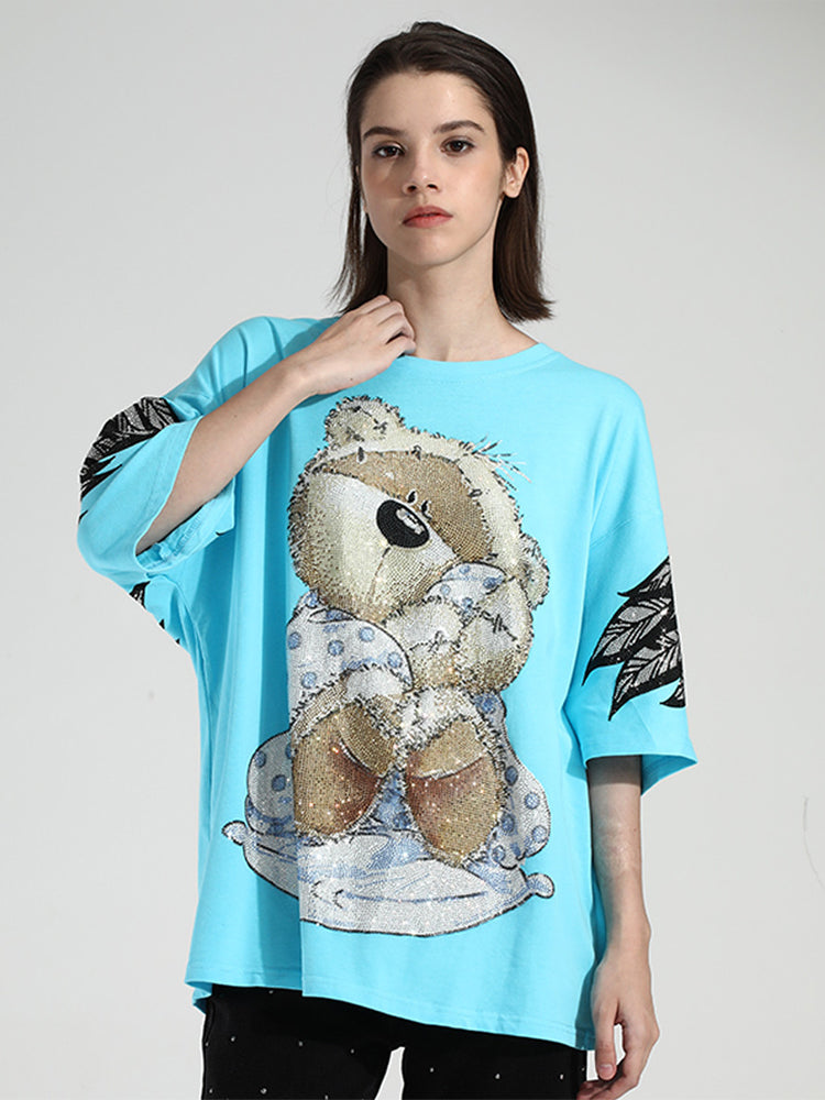 TCH Oversized Bear Rhinestone Wings Sleeve T-shirt