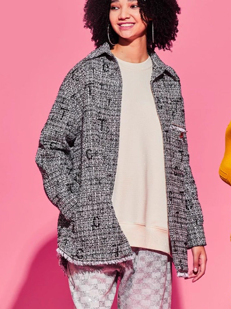 TCH Rhinestone Logo Print Tweed Overshirt Jacket