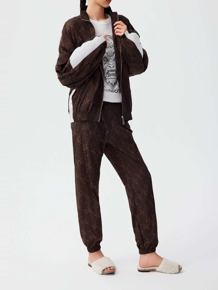 TCH 2 Piece Allover Print Nylon Rhinestone Jogging Suits