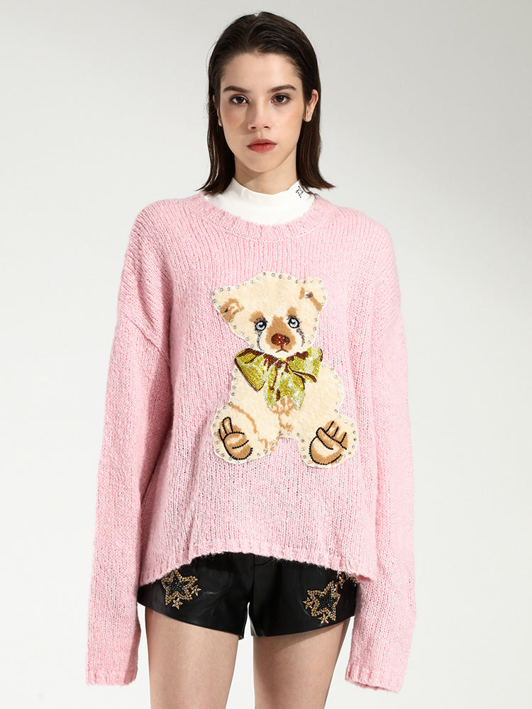 TCH Women's Knit Tie Bear Rhinestone Pink Sweater