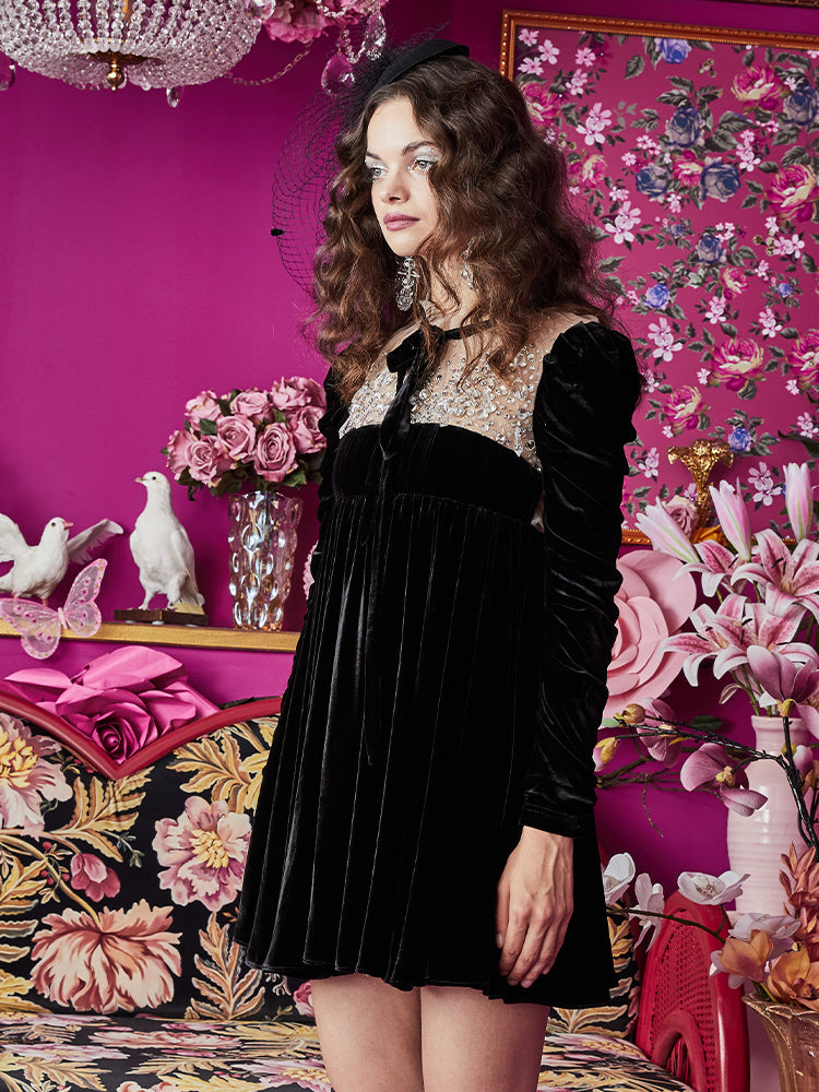 TCH Velvet Mesh Diamond Vintage Mini Dress