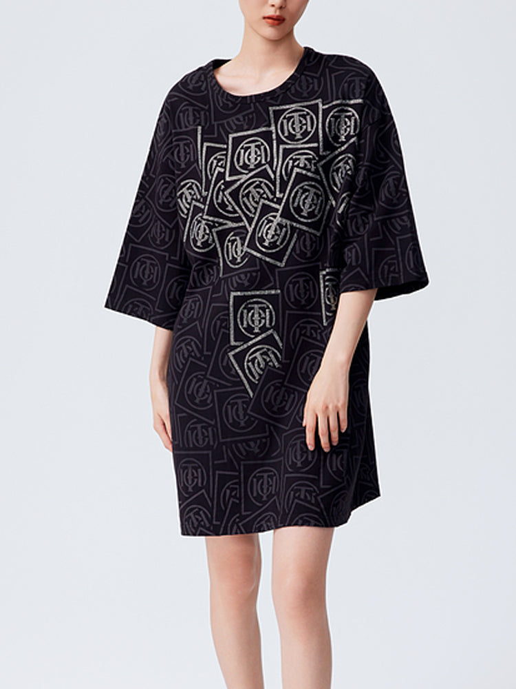 TCH Luxury Logo Print Rhinestone T-shirt Dress