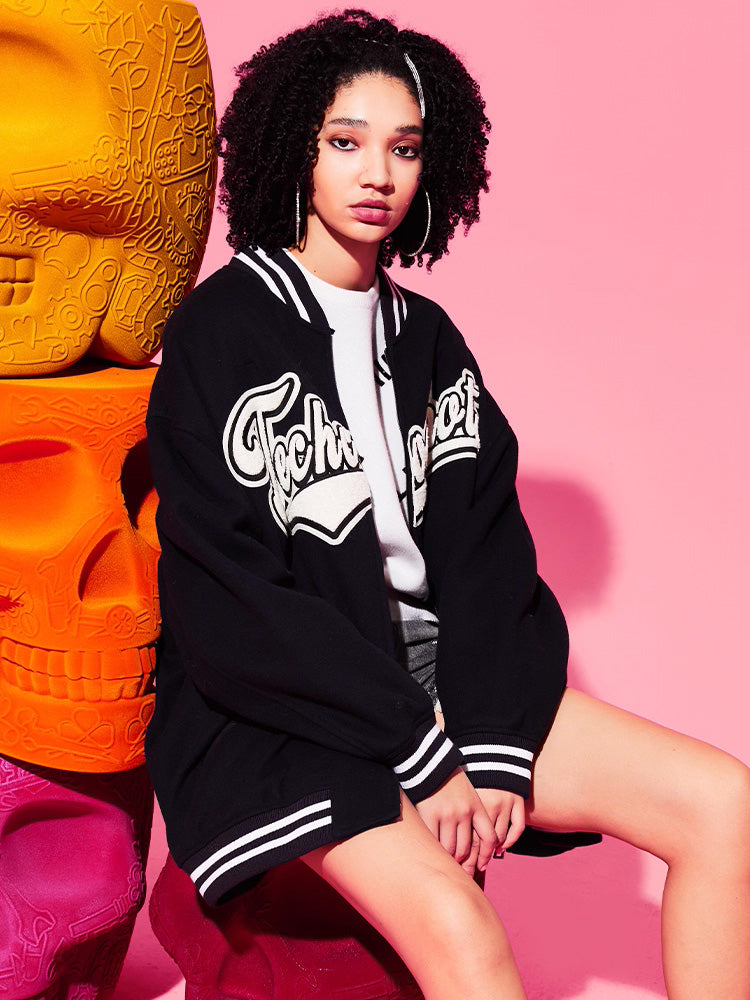 TCH Rhinestone Monogram Print Zip School Jacket