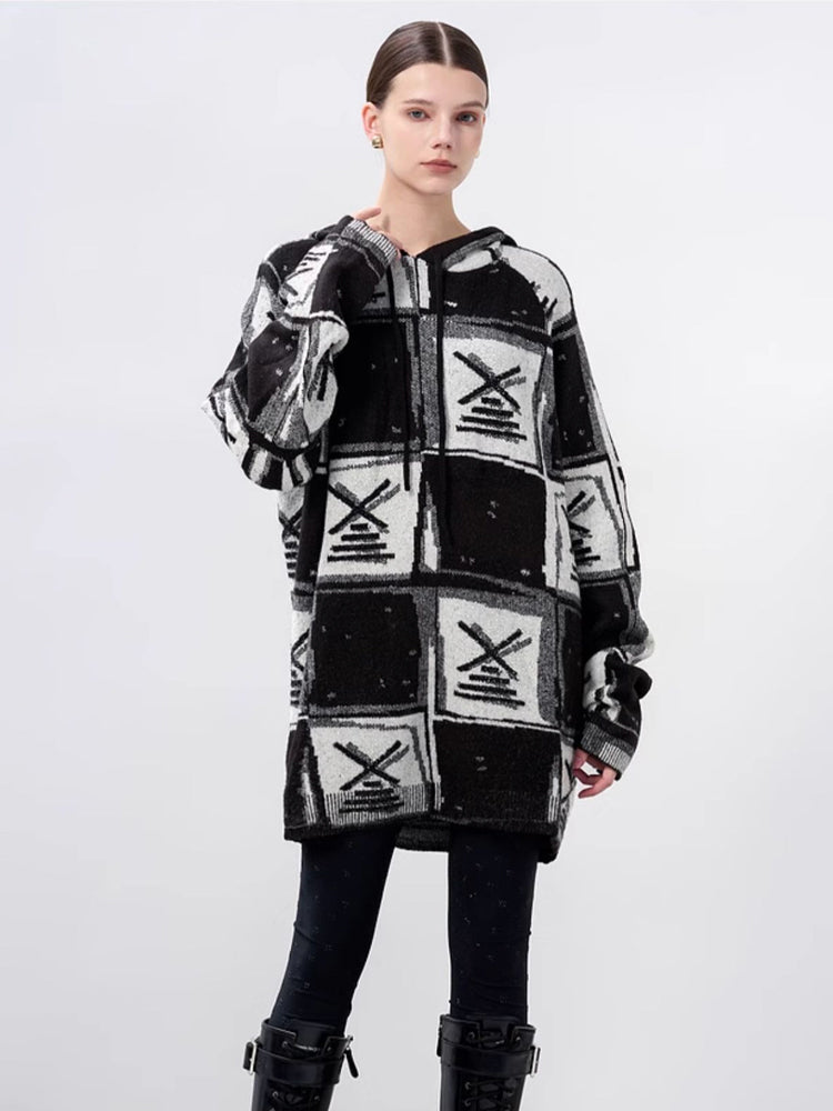 TCH Rhinestone Plaid Long Sleeve Oversized Hoodie Dress