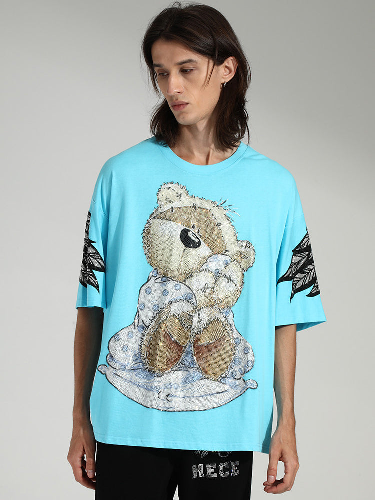TCH Oversized Bear Rhinestone Wings Sleeve T-shirt