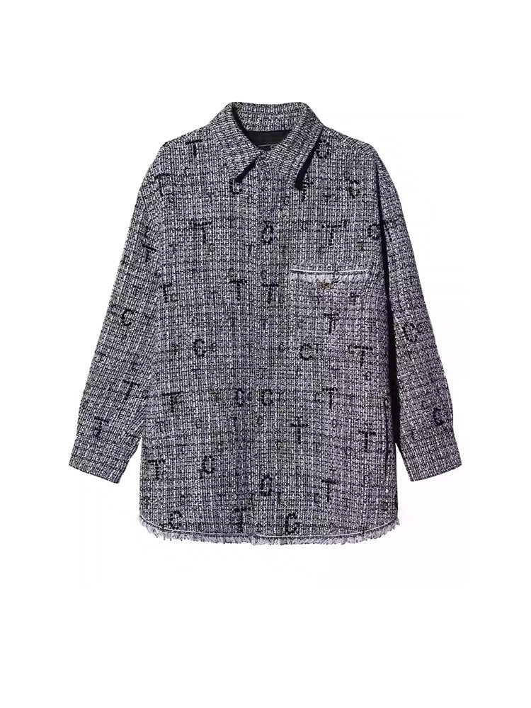 TCH Rhinestone Logo Print Tweed Overshirt Jacket