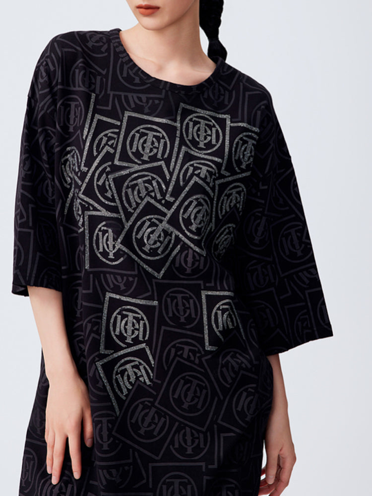 TCH Luxury Logo Print Rhinestone T-shirt Dress
