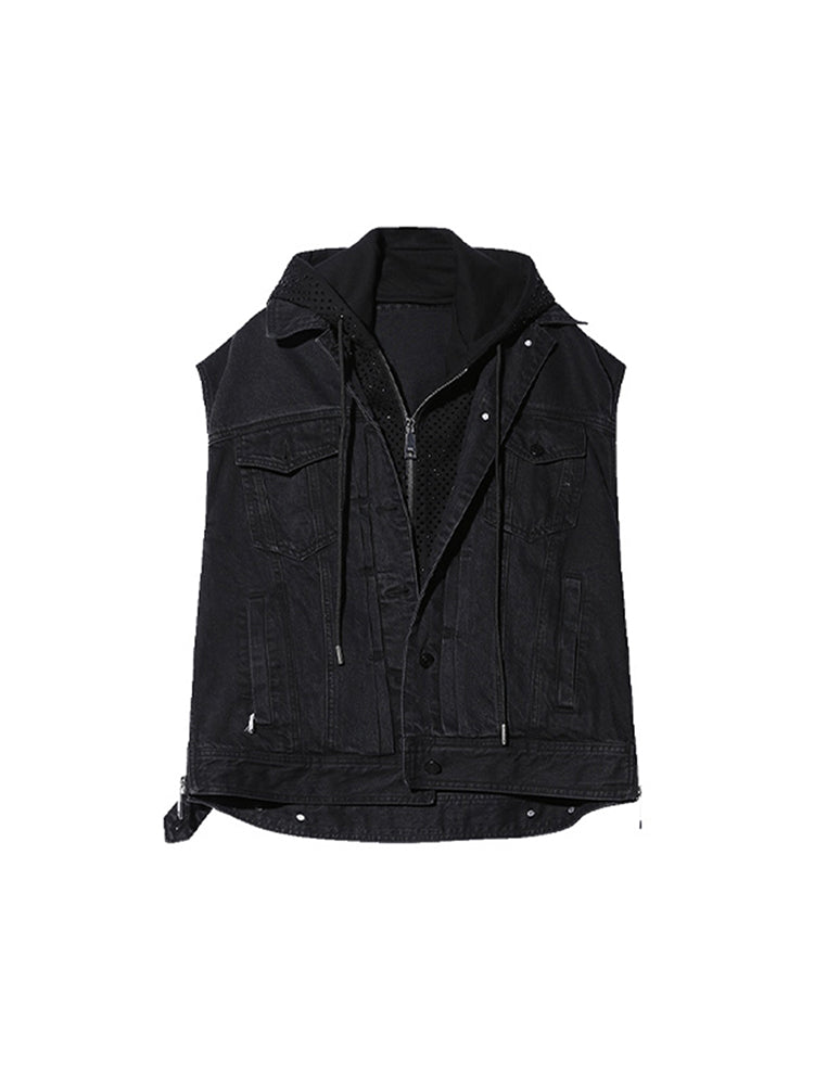 TCH Rhinestone Hooded Denim Vest Jacket
