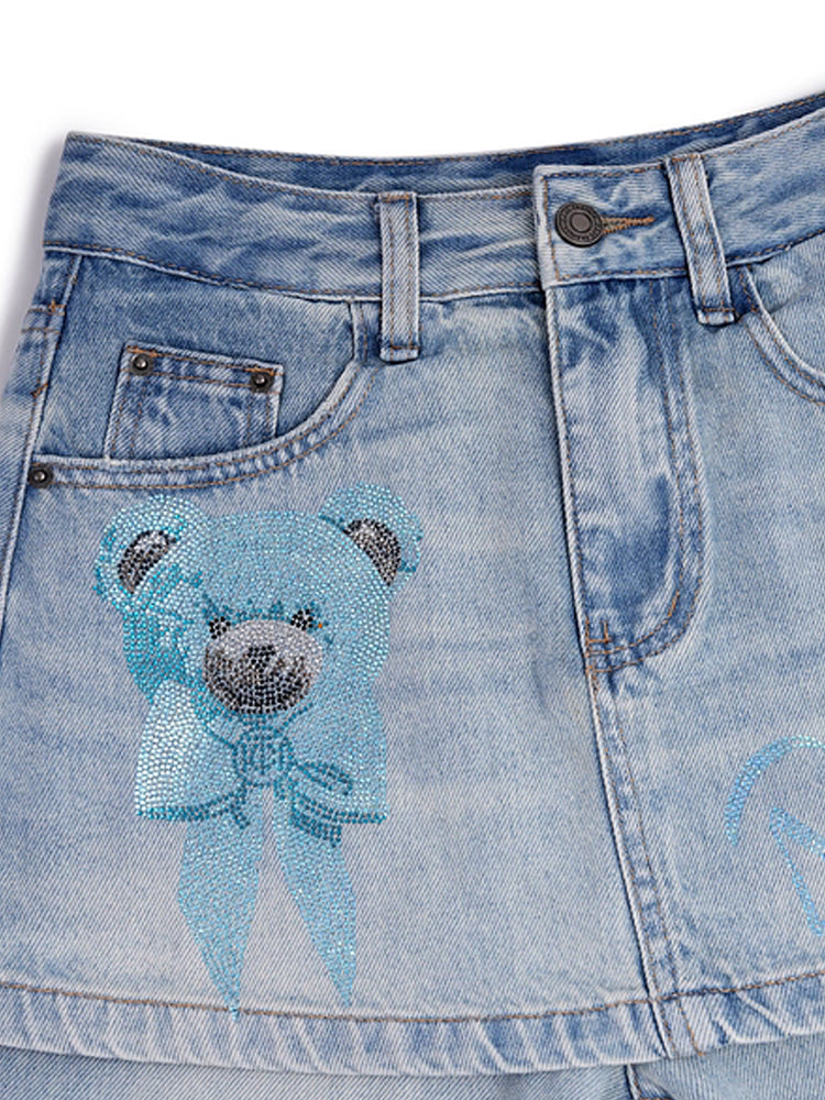 TCH Rhinestone Bear Wide Leg Skirt Jeans