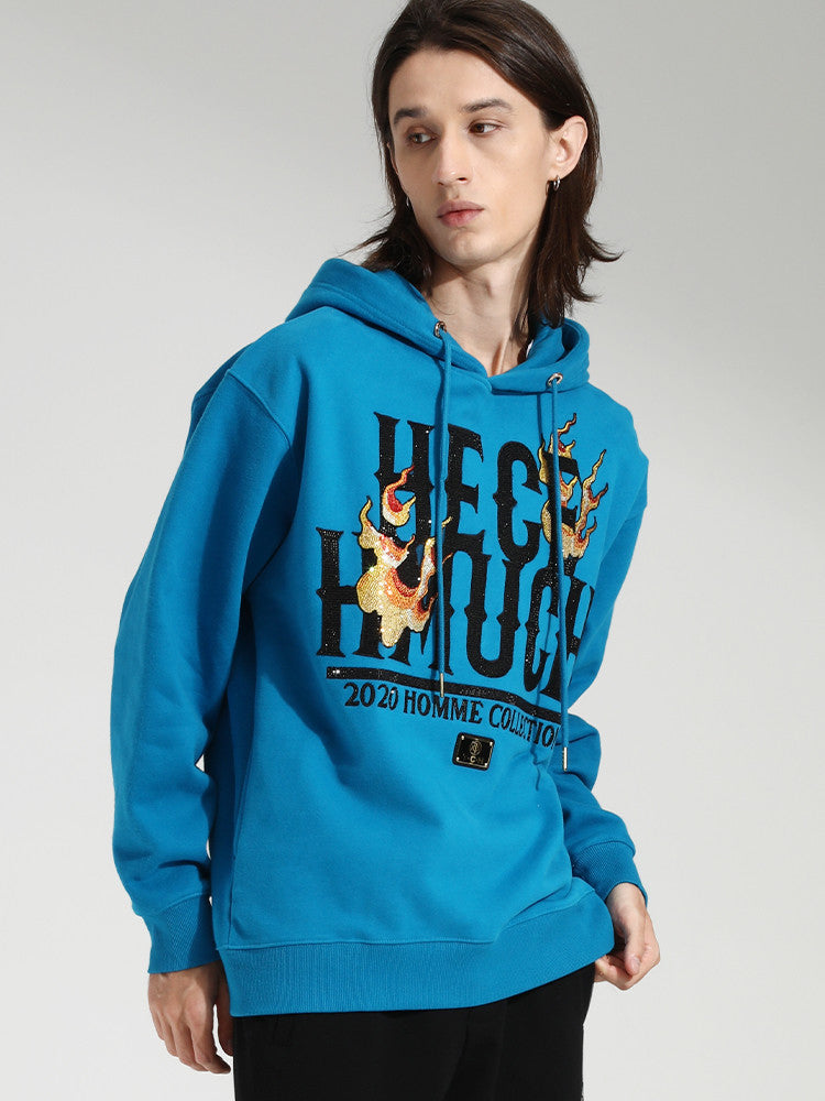 TCH Unisex Fire Letter Rhinestone Graphic Hoodie in Blue