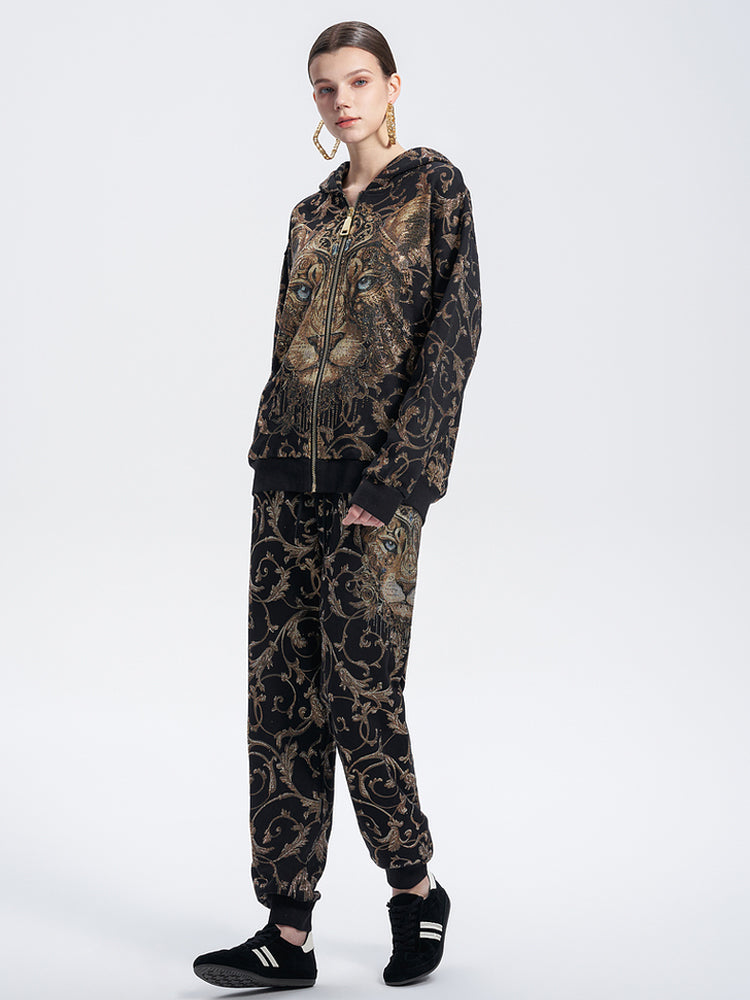 TCH Allover Leopard Print Rhinestone Zip Up Hoodie Set 2 Piece Suit