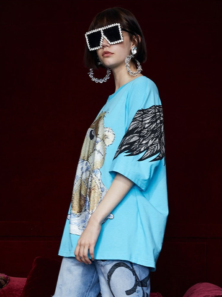 TCH Oversized Bear Rhinestone Wings Sleeve T-shirt