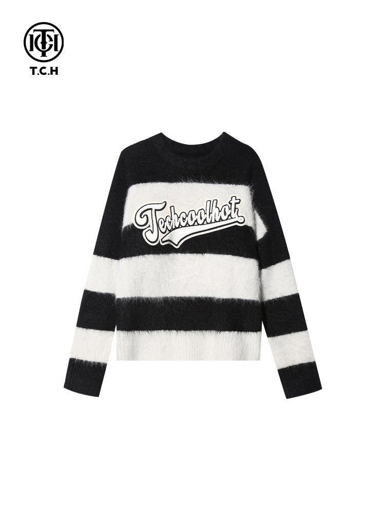 TCH Rhinestone Striped Letter Knit Sweater