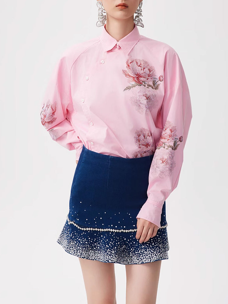 TCH Flower Rhinestone Button Down Asymmetry Shirt