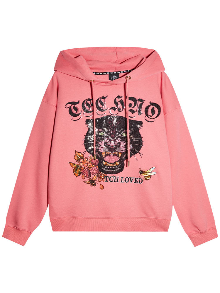 TCH Pink Embroidered Rhinestone Tiger Head Hoodie