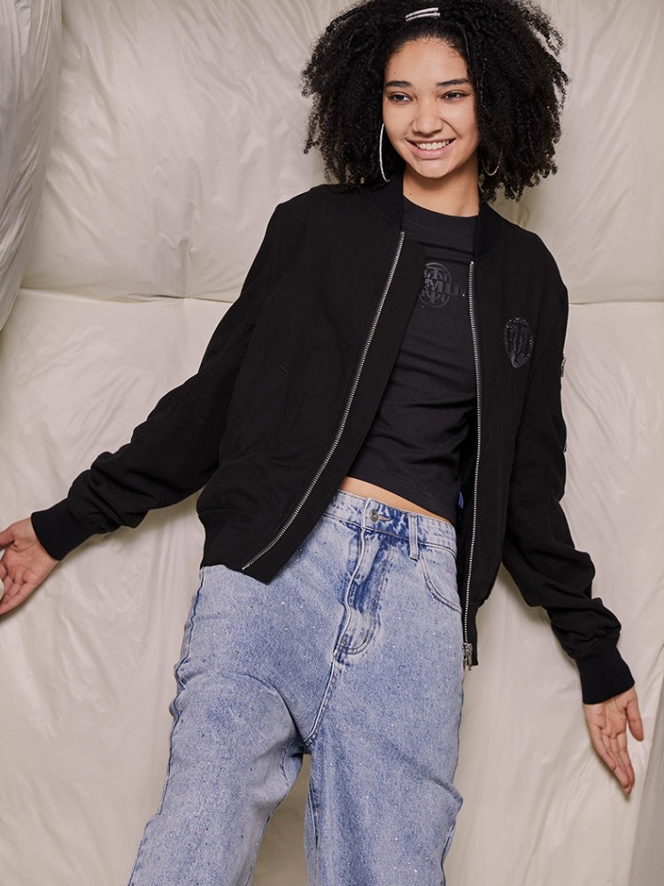 TCH Rhinestone Letter Zip Up Bomber Jacket