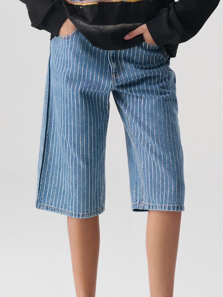 TCH Crystal Embroidered Stripe Short In Denim