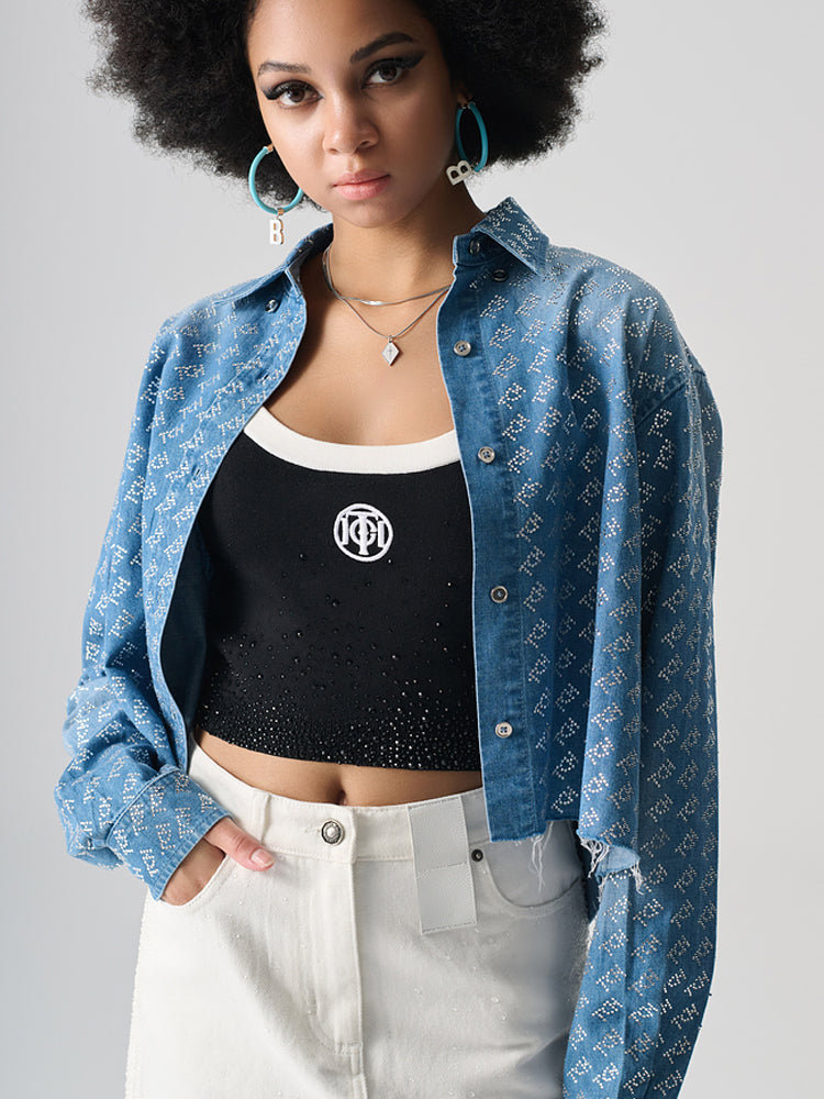 TCH Allover Logo Jacquard Rhinestone Denim Cropped Jacket